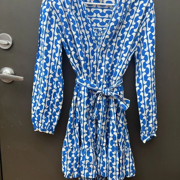 Zara Blue Preppy Patterned Blue Wrap Tie Dress - Size M - Picture 2 of 8